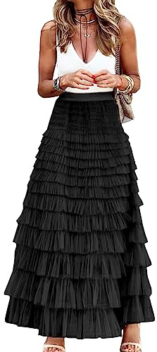 Jupe Longue évasée en Tulle à Volants en Maille Taille Haute étagée pour Femme, Jupon, Noir, Small