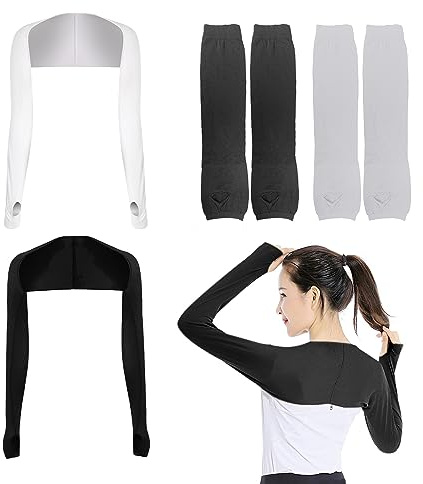 Juego de 2 mangas de chal de seda helada con 2 mangas de protección solar, puños cómodos y transpirables con agujeros para los dedos para deportes (negro, blanco)