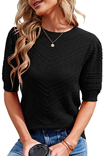 Runcati Maglione da donna a maniche corte, casual, girocollo, maniche a sbuffo, elegante, tinta unita, Nero , L