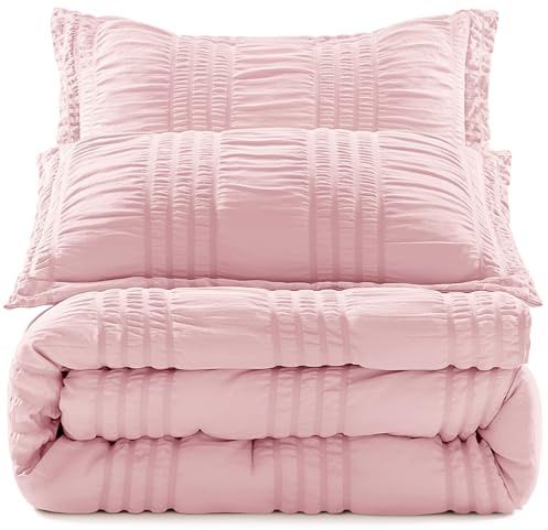 BYSURE Seersucker Quick-Dry Summer Comforter Set 3 Pieces(Light Pink, Queen), Non Plastered on Skin When Sweat, Breathable Lightweight Bedding for Hot Sleeper & Night Flashes