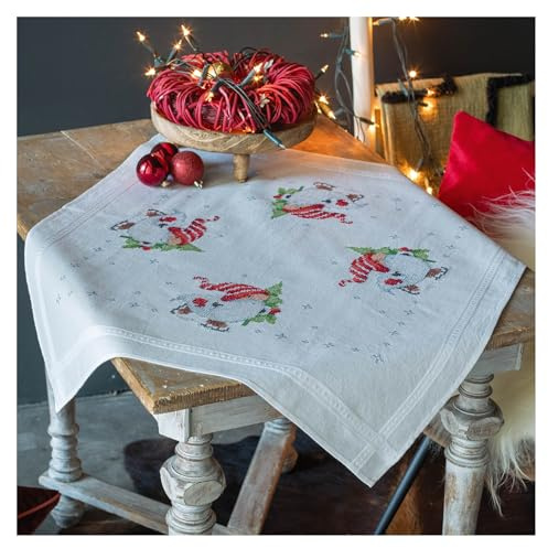 Vervaco Kreuzstich Stickpackungen Tischdecke Weihnachtsgnome Stickdecken Vorgezeichnet Basteln Erwachsene Kreativ Set Vorgedruckte Decke Sticken 80 x 80 cm Stickset DIY Sticken Set