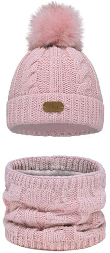 Alur Mütze Kinder Unisex Beanie mit Loop Schal Set Wintermütze Strickmütze mit Bommel - Warme Elastisch Elegant Winter Mütze Schal Eko Bommelmütze - Weiches Garn Stilvoll Warm (Rosa)
