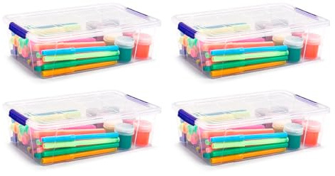 Acan Tradineur - Pack de 4 Cajas de almacenaje de plástico Transparente 2 litros, minicaja de ordenación apilable con Tapa 7,5 x 25,5 x 16,8 cm, Cierre a presión, Almacenamiento de Oficina, hogar