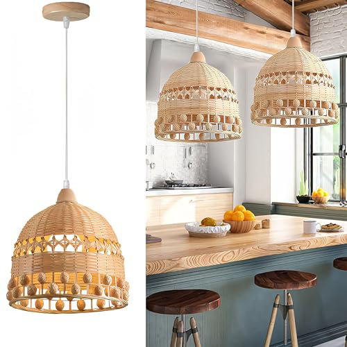Vintage Bambus Pendelleuchte Boho Rattan Lampe Hängelampe Retro Bambus Holz Lampenschirm Hängelampe E27 Industrielle Kronleuchter Deckenlampe für Schlafzimmer Wohnzimmer Esszimmer Küche Flur