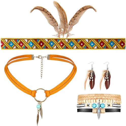 Otuuz 4 Vintage Indian Boho Karneval Accessoires Indianer Feder Stirnband Feder Ohrringe Lederhalskette Leder Wrap Cuff Armband für Frauen mit Hippie Tribal Mottoparty Schmuck