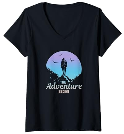 Femme Randonnée Disant, Lignes De Montagne, Motif Alpes, T-Shirt avec Col en V
