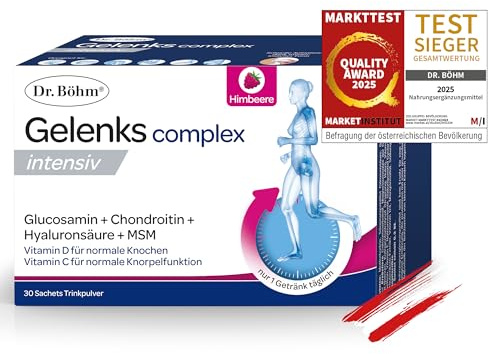 Dr Böhm Gelenks Complex Intensiv Kollagen Pulver Himbeer Glucosamin,30 Stk | Trinkgranulat mit Collagen Typ 2, Hyaluron, Chondroitin, MSM, Calcium und Vitamin D - für Knochen, Knorpel, Bindegewebe