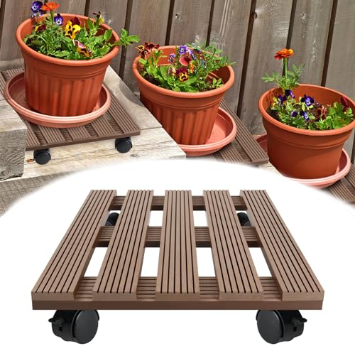 FIVMEN Pflanzenroller Quadratisch 2X Rollbrett Pflanzen WPC Blumenroller 30cm Blumentopf Untersetzer mit Rollen Außenbereich MAX. 100KG, Braun