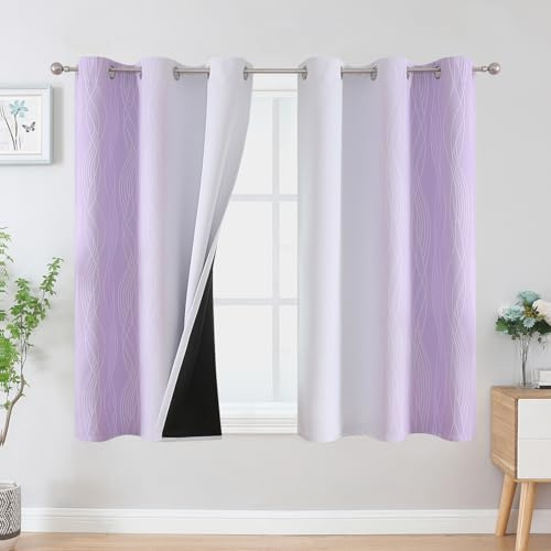 VEHEDE Lilac and Greyish White Ombre Blackout Curtains 45 Inch Drop for Kitchen, Thermal Insulated Eyelet Gradient Curtains, Light Blocking Wave Printed Drapes for Bathroom, W42 x L45 Inch, 2 Panels