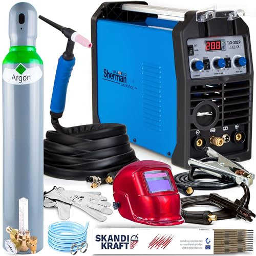 Sherman TIG 202 DC Puls - 200A HF-Zündung DC WIG Schweißgerät mit Puls - Stahl und Edelstahl Schweißgerät ausgestattet mit Preflow, Postflow, 2T/4T und MMA-Schweißmodus - Set: ProfessionalPlus
