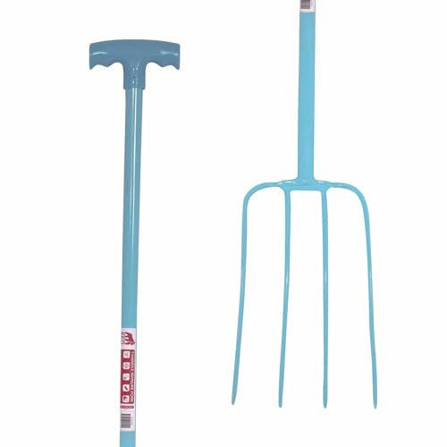 Red Gorilla 4 Prong Manure Fork with T Handle Sky Blue Lightweight For Stable Bedding Mucking Out Metal Pitchfork for Hay and Garden Compost 114cm Long