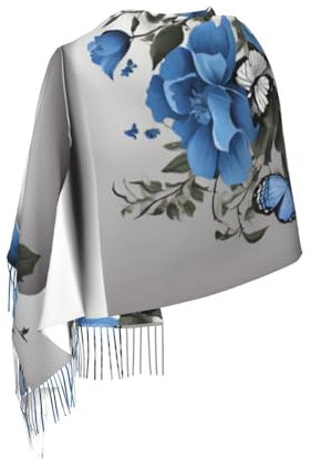 ASPOIJHN Stilvoller Fransenschal mit Fransen, langer warmer Schal, hochwertiger Quastenschal, für alle Jahreszeiten, 196 x 68 cm, Grau / Blaugrün, Schwarz , One size