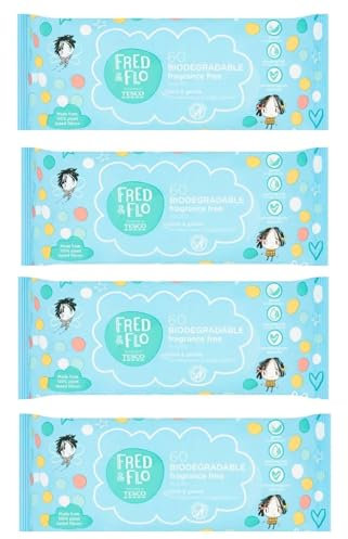 240 Fred & Flo Kind & Sanfte parfümfreie Tücher, biologisch abbaubar (4 x 60 Tücher = 240 Tücher), Toilettentraining für Babys, weiche Haut, sanfte und zarte Haut, aus 100 % pflanzlichen Fasern