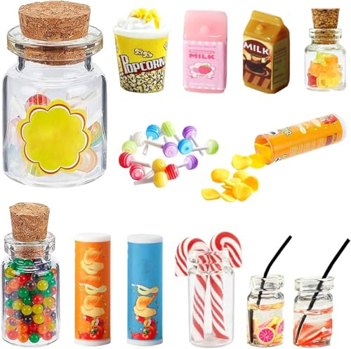 11 Stück Wichtel Zubehör, Miniatur Weihnachten Süßigkeiten und Trinken Set für Weihnachtsmarkt, Süßigkeitenstände, Wichtelzubehör mit Gummibärchen für Wichteltür Deko und 1:12 Puppenhaus