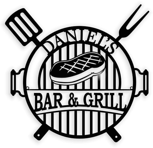 Plaque Bar & Grill Personnalisée avec Nom - Décoration Murale BBQ - Cadeau Idéal pour Amateurs de Grillades et Accessoires de Bar - Cadeau pour Hommes, Jardin, Barbecue (Design 1)