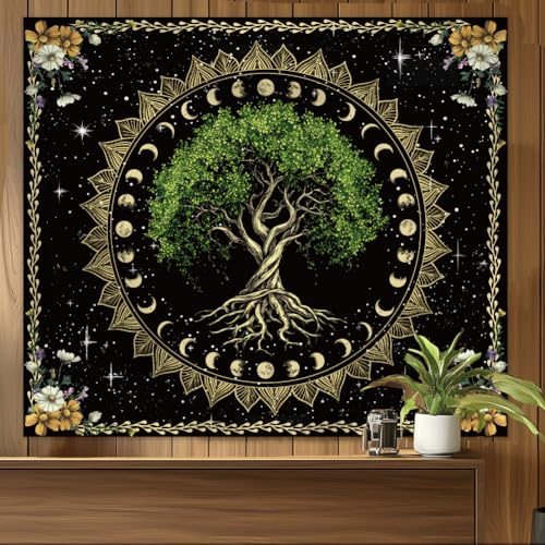 WEBEEDY Tree of Life Tapestry Forest Wall Hanging Moon Sun Stars Wall Art Backdrop for Photography & Home Decoration (130x150cm/4.27x4.92ft)