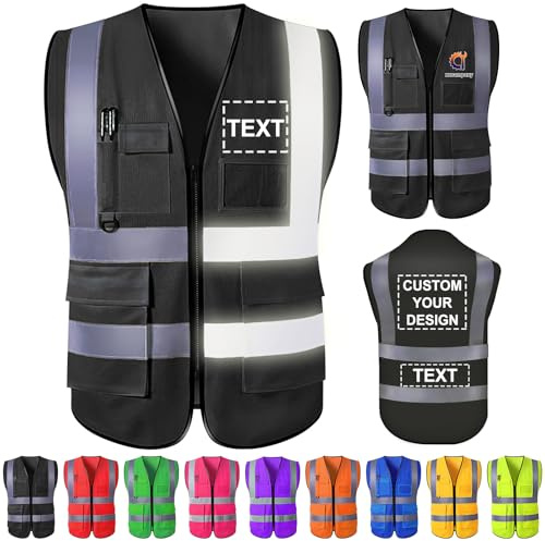 Gridachi Gilet de sécurité personnalisé avec logo, gilets réfléchissants haute visibilité, poches zippées, vêtements de travail de construction personnalisés de classe 2 pour hommes et femmes