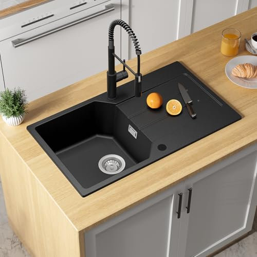 ANYCEE 78x45CM Evier Noir 1 Bac avec Égouttoir, Evier Granit Noir pour Meuble Bas à Partir de 45CM, Évier Cuisine 1 Bac avec 80% de Sable de Quartz, Siphon et Trop-Plein