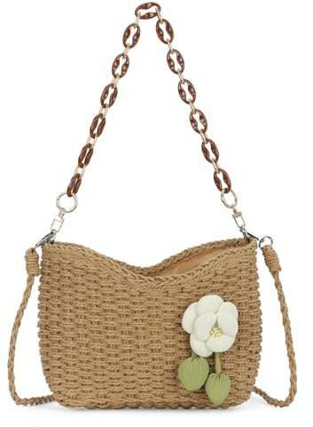 EVEOUT Sac Bandoulière en Rotin avec Fleur Femme été Boho Sac Panier Raphia Tissé avec Chaîne Sac Fourre Tout Paille pour Plage Vacances(Marron)