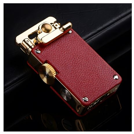Accendino a Cherosene Con Braccio Oscillante Antivento Retrò, In Pelle Classica Incisa, Fiamma Morbida, Accendini Da Trincea Vintage Ricaricabili Al Cherosene, Regalo per Uomini (Red Leather)