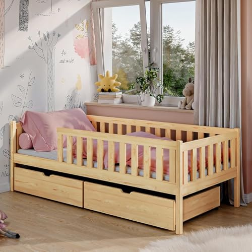 Kids Collective Kinderbett mit Zwei Schubladen, Rausfallschutz und Lattenrost, Kinder Bett | Sicher & stabil | weitere Größen 80x160, 90x190, 90x200 cm | 80x180 cm: von 3. bis 12. Lebensjahr, Natur