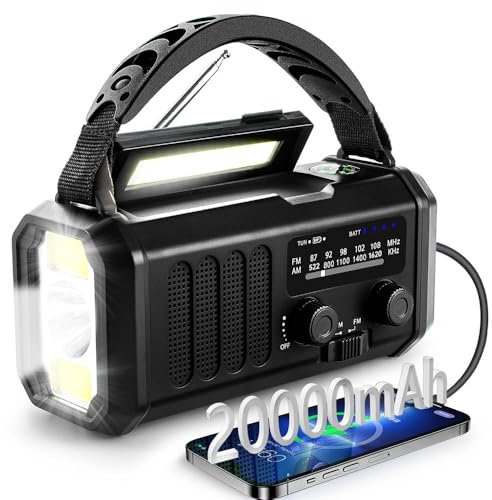 Radio de Emergencia Portátil 20000 mAh, Alarma SOS, Radio FM/Am con lámpara de Lectura, brújula,generador de manivela y Carga Solar, para Exteriores, Carga de Emergencia para Smartphones (Black)