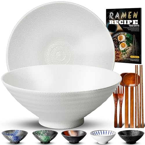 8 Pollici 2 Set Ciotola Ramen In Ceramica(9 pezzi), Ciotola Di Pasta Giapponesi Con Ricette Forchetta Bacchette E Cucchiaio Per Spaghetti Zuppa Di Insalata Snack Bowl Regali Per Uomini Donne Di Casa
