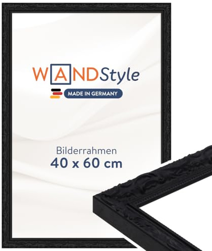 WANDStyle schwarzer Bilderrahmen 40x60 Holz, Bilderrahmen Schwarz Vintage | Hochwertiger Holzbilderrahmen Antik, Posterrahmen zum Aufhängen, Rahmen 60x40 cm, Fotorahmen H530 Made in Germany