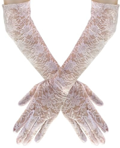 Sofeavo White Lace Gloves Women - Halloween Princess Costume Accessories, Elegant Floral Long Lace Gloves, 1920s Bridal Wedding Engagement Tea Party, Cosplay & Masquerade