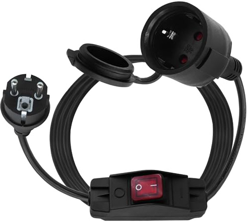 LANMINGLEL Cavo di prolunga Schuko con interruttore, cavo di prolunga per esterni con spina Schuko corto, 16 A, 250 V, cavo di alimentazione nero, 3 x 1,5 mm², IP44, per la casa (diretto, 1,5 m)