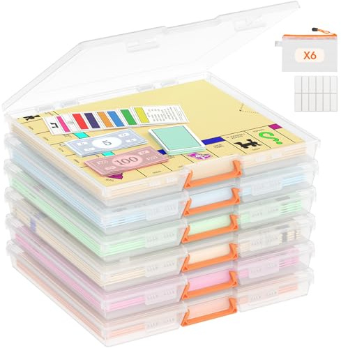 Lifewit 6 st förvaringsboxar för brädspel, 31 x 27 cm pappersbehållare med säker spärr, bärbar plastorganisatör med handtag och etiketter för filer, dokument, pussel, kort, konsttillbehör
