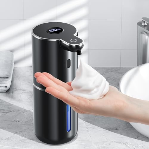 Fachixy Automatisk tvåldispenser med digital display, beröringslös, väggmonterad tvåldispenser badrum, uppladdningsbar, 380 ml, IPX5 vattentät skumdispenser för badrum, kök