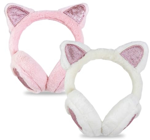 JynkChrenzic Kids Earmuffs for Girls 3-10 Years - 2Pcs Adjustable Winter Warm Plush Ear Muffs for Toddler to Teen, Knit Ear Covers Hands Warmer for Skiing & Outdoor Activities (Pink & White Cat)