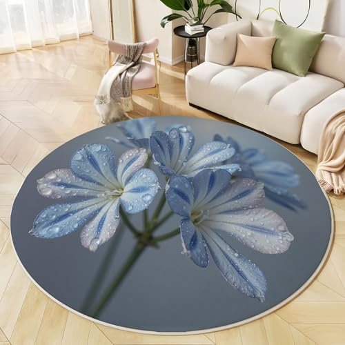 Tappeto Salotto Rotondo Pelo Corto, 3D Giglio Africano Fotografia Floreale Antiscivolo Tondo Moquette, Bambini Camera,Cucina,Domestica Decor Tappeti, 150 Cm Blu