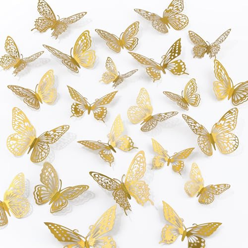 Phuryllic Butterfly Wall Decor, 48pcs 3D Butterfly Stickers in 3 Sizes & 4 Styles for Balloon Arch & Cake Decorations, Cute Decals for Girls Room & Birthday Party, Gold