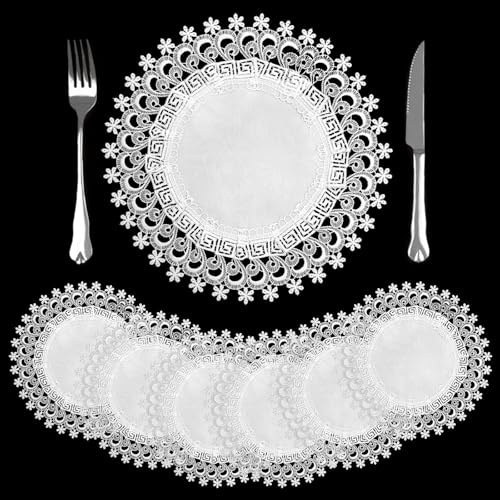 comfoyar 6 Stück 35cm Weiß Spitzendeckchen Rund Vintage Abwaschbar | Häkeln Handgemachte Tischsets Platzsets für Tasse Vase, Rustikale Handgehäkelte Platzdeckchen für Küche Esszimmer Dekoration