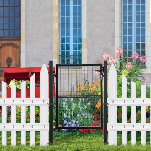 Hebitod metall trädgårdsgrind 120 x 100 cm, grå trädgårdsdörr av galvaniserat stål kvadratrör, robust staketgrind hoftor för trädgårdsstaket, inkl. handtag lås 3 nycklar