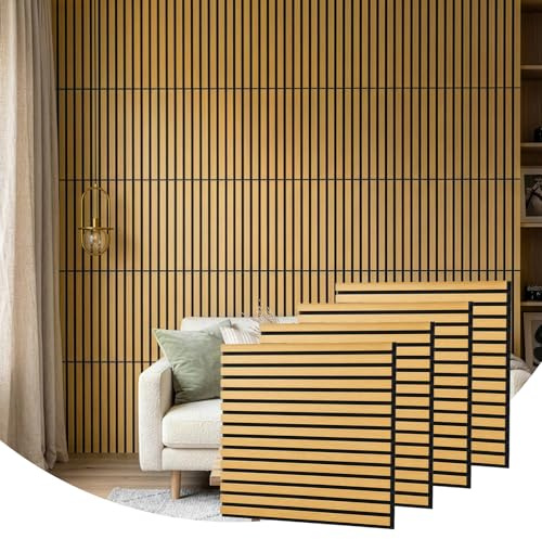 Wooden Acoustic Wall Panels 4 Pack 60x60 cm (1,44m²) Sound Proofing Panels Wood Slat Panelling with Sound Absorbing Felt Backing Easy DIY for TV Feature Wall Living Room Bedroom Office (Natural Oak)