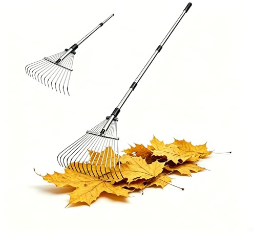 Uadme Rastrillo de jardín, rastrillo de metal resistente para hojas, mango largo de 30 a 60 pulgadas con cabeza expandible de 8 a 17 pulgadas, rastrillos pequeños plegables para césped, jardinería