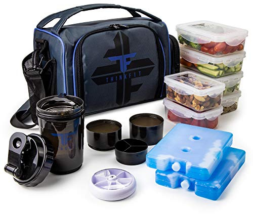 ThinkFit Bolsa Térmica Portaalimentos Sin BPA, Reutilizable – 6 Fiambreras Comida Trabajo Microondas y Congelador, Botella Mezcladora, Pastillero – Correa y Bolsillo externo – Bolsa Térmica Azul
