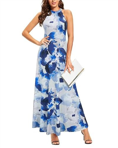 STYLEWORD Vestido Largo sin Mangas con Hombros Descubiertos y Estampado Floral para Mujer Vestido Largo Elegante con Cuello Halter （Floral09 ， M）