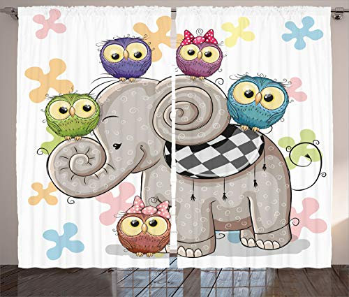 ABAKUHAUS Bunt Rustikaler Gardine, Elefant und Eulen-Liebe, Schlafzimmer Kräuselband Vorhang mit Schlaufen und Haken, 280 x 245 cm, Mehrfarbig Grau