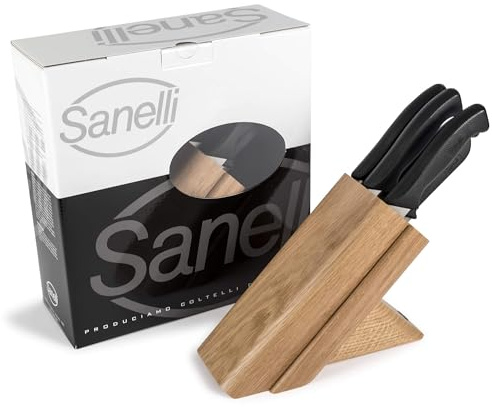 Sanelli, Ceppo in Legno Massello di Rovere con 5 Coltelli Manico Antiscivolo Skin Nero