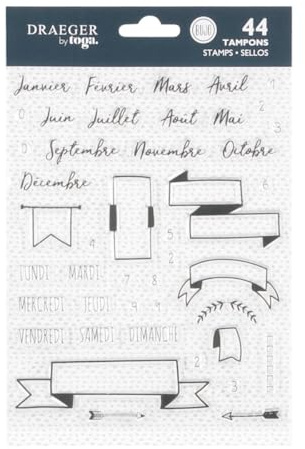 DRAEGER Paris 1886-43 Transparente Stempel Jungle Vibes – Bullet Journal – Motiv Banner, Zahlen 0-9, Tage und Monate, weicher Silikonstempel – 14 x 18 cm – Scrapbooking und kreatives Basteln
