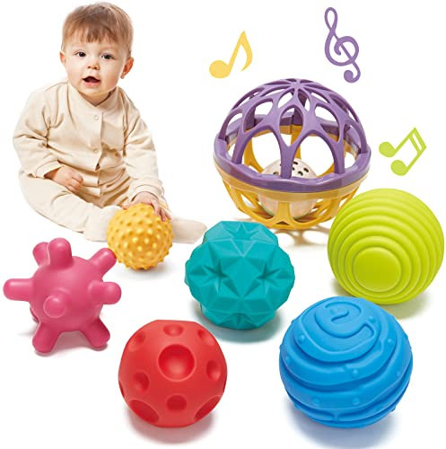 hahaland Baby Spielzeug 0 Monate - Baby Ball 6 PCS Baby Sensorisches Spielzeug und 1 PC Rassel Bälle, Baby Sensorik Ball Spielzeug für ab 0 3 6 9 12 Monaten (Mehrfarbig)