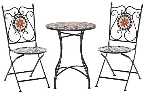 Outsunny Garten Sitzgruppe 3-teilige Mosaiktisch Essgruppe Balkonmöbel Set Gartenmöbel-Set 1 Tisch+2 Faltbare Stühle Terrasse Metall Mehrfarbing