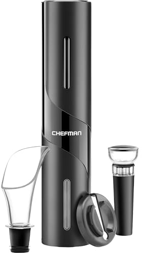 Chefman Electric Wine Opener Makes Opening Bottles Fast, Foolproof, and Fun! Black, Battery-Operated 4-Piece Corkscrew Set Comes with A Foil Cutter, Pourer, and Vacuum Stopper