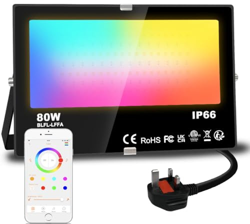 Lighting master LED Flood Lights Outdoor 80W Smart RGB with APP Control | 8000LM，Colour Changing + Warm White Adjustable，Timing- Scene- Garden Lights，IP66，UK 3-Plug，For Halloween - Christmas (1 Pack)