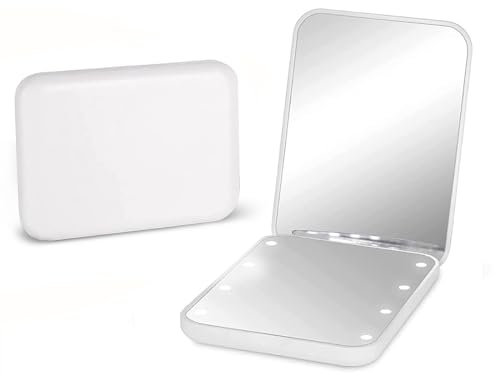 Kintion Pocket Mirror, 1X/3X Magnification LED Compact Travel Makeup Mirrors with Light for Purse, 2-Sided, Portable, Folding, Handheld, Small Lighted Mirror for Gift, White