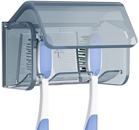 Linkidea Organiseur de Rangement Mural pour Brosse à Dents avec Couvercle, 2 emplacements pour Brosse à Dents, Support Mural Autocollant pour Douche, Camping-Car, Salle de Bain (Gris)